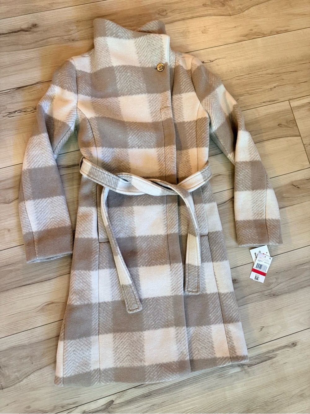 NWT MICHAEL Michael Kors Camel Plaid Wool Blend Belted Coat - Size XS